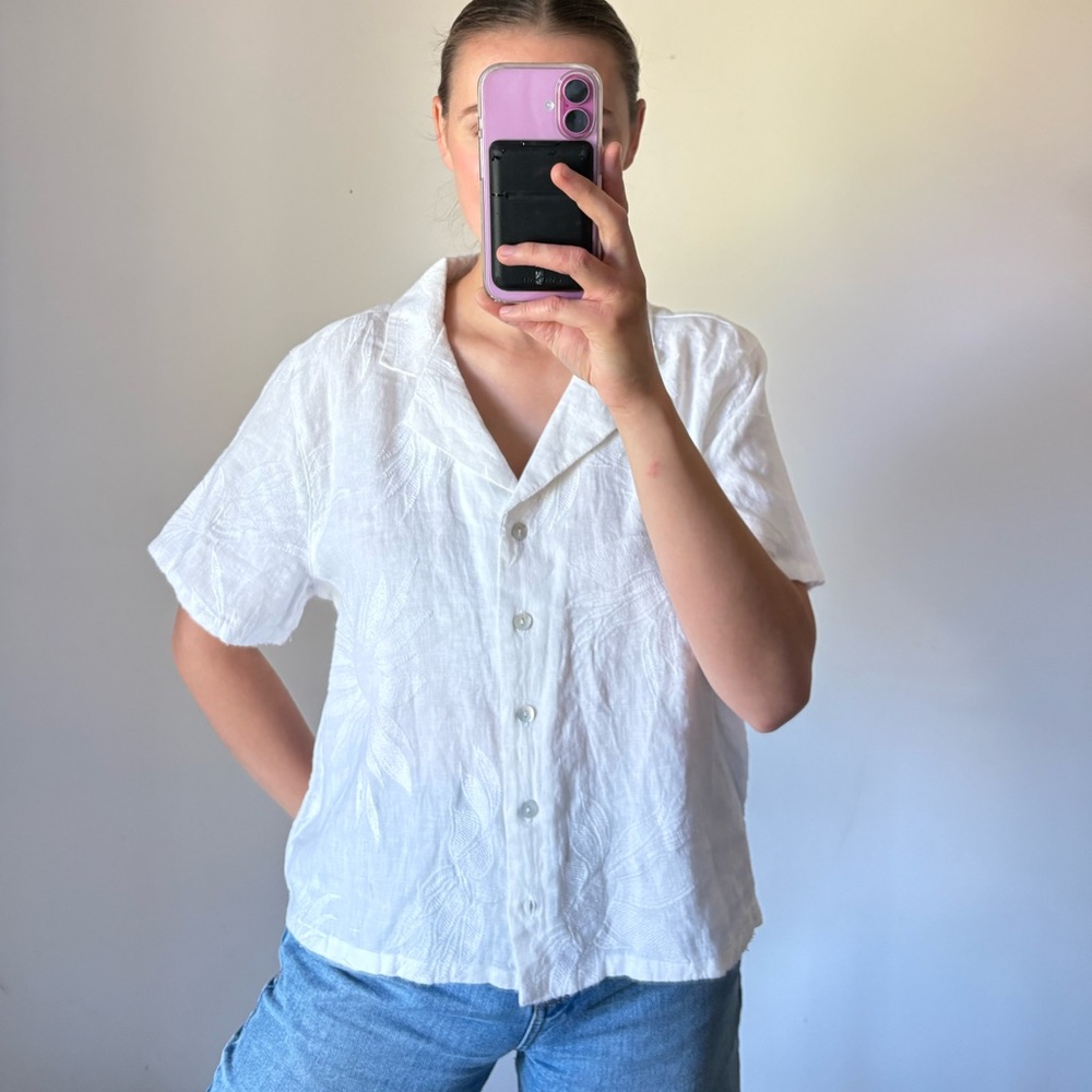 Joie 100% Linen Floral Embroidery White Short Sleeve Button Down Top Large - Picture 7 of 7